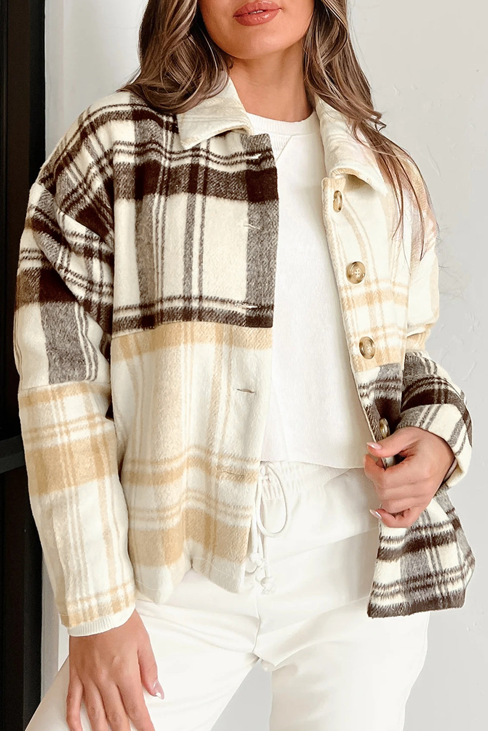 Multicolour Plaid Patchwork Side Pockets Buttoned Shacket Multicolour 100%Polyester Plaid Shackets JT's Designer Fashion