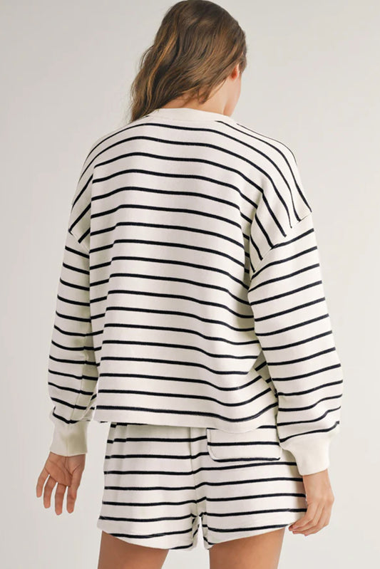 Black white Stripes Printed Half Button Long Sleeve Top and Shorts Set Short Sets JT's Designer Fashion