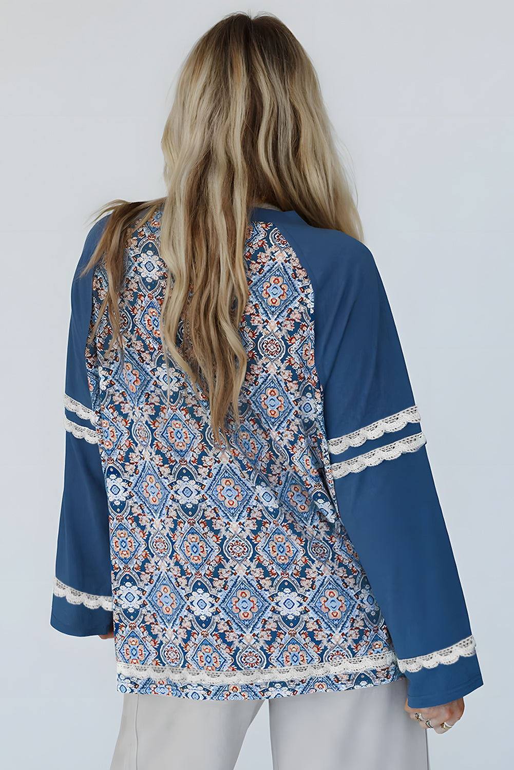 Blue Geometric Printed Lace Patchwork Ric Rac Raglan Long Sleeve Top Long Sleeve Tops JT's Designer Fashion