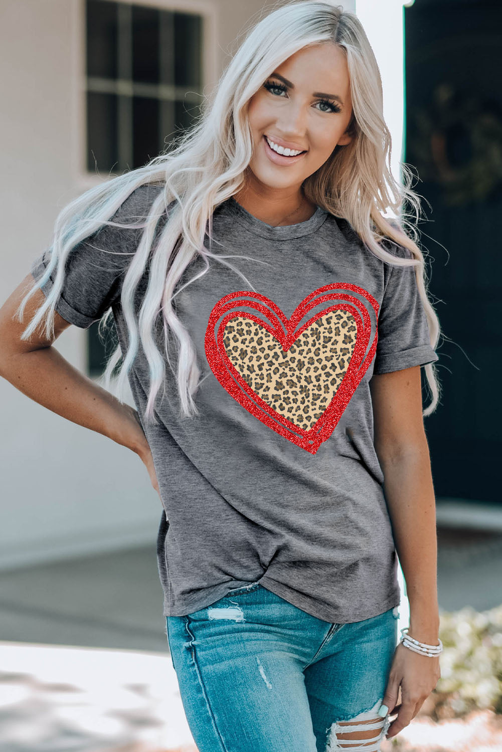 Gray Sequin Leopard Heart Graphic T-shirt Graphic Tees JT's Designer Fashion