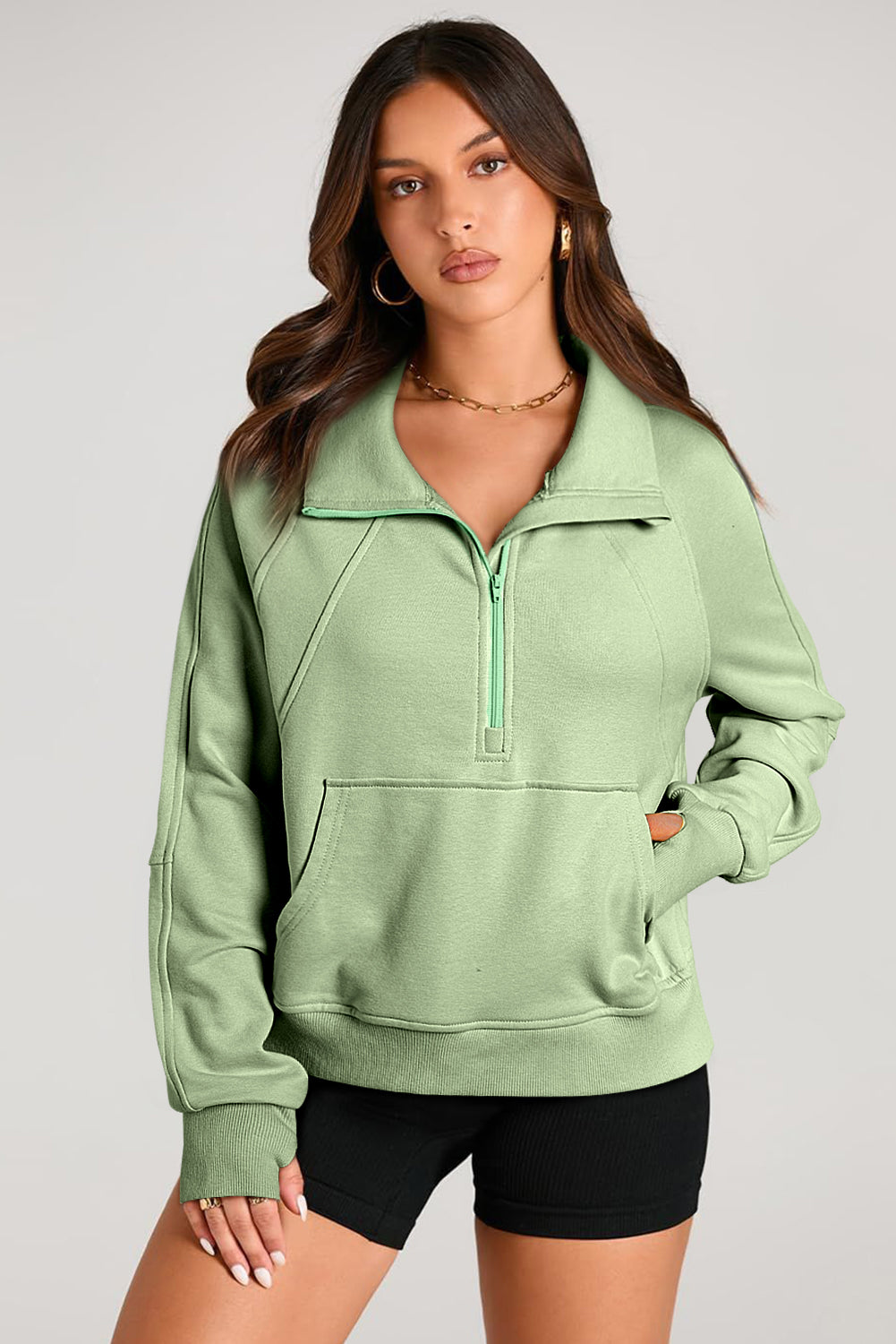Smoke Green Quarter Zip Stand Neck Kangaroo Pocket Sweatshirt Sweatshirts & Hoodies JT's Designer Fashion