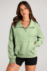 Smoke Green Quarter Zip Stand Neck Kangaroo Pocket Sweatshirt Sweatshirts & Hoodies JT's Designer Fashion