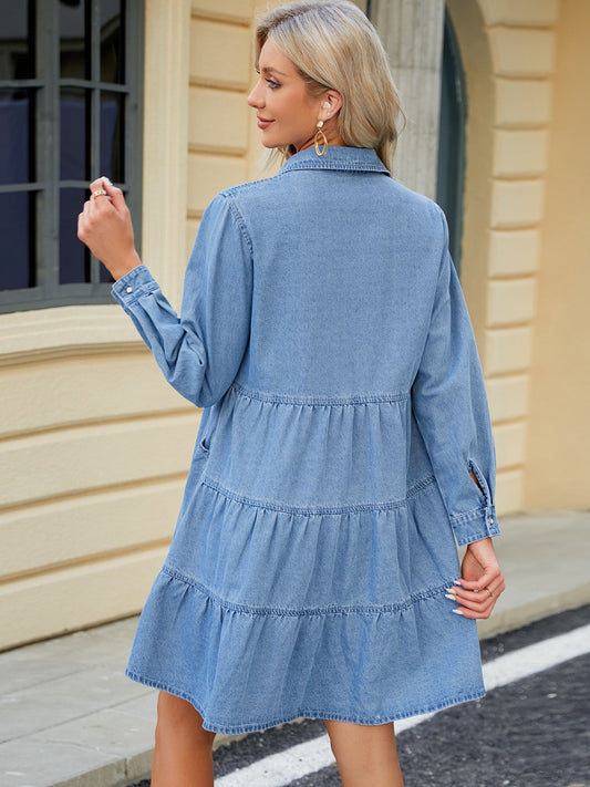 Tiered Button Up Long Sleeve Denim Dress Mini Dresses JT's Designer Fashion