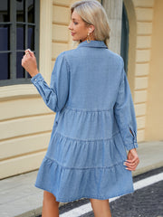 Tiered Button Up Long Sleeve Denim Dress Mini Dresses JT's Designer Fashion
