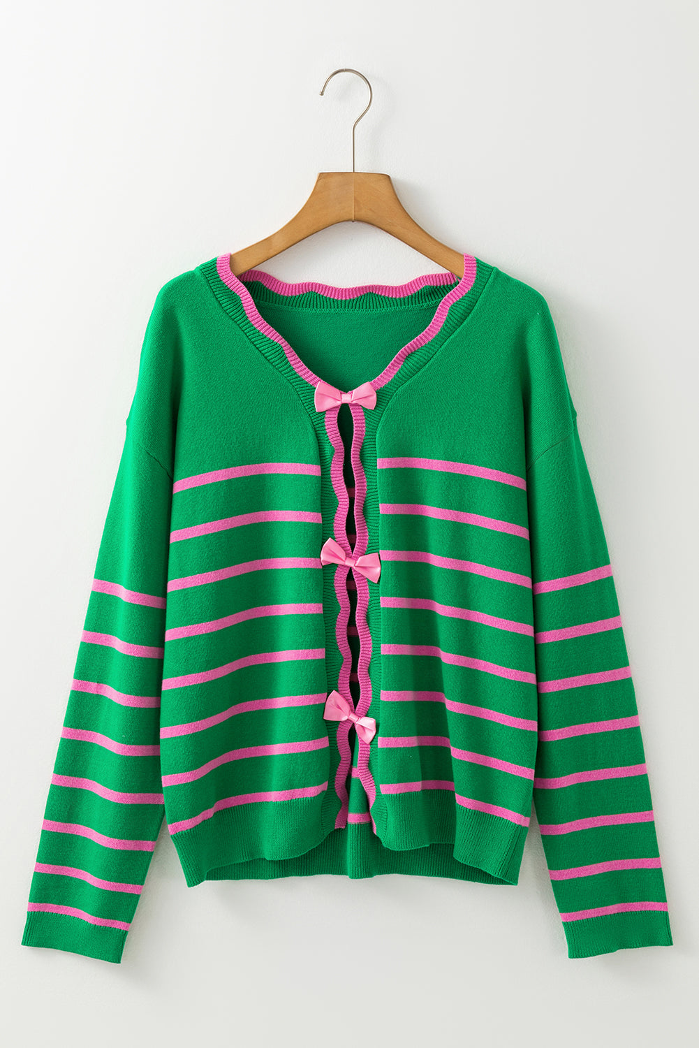 Green Stripe Ribbon Cute Bow Detail Sweater Knit Cardigan Cardigans JT's Designer Fashion