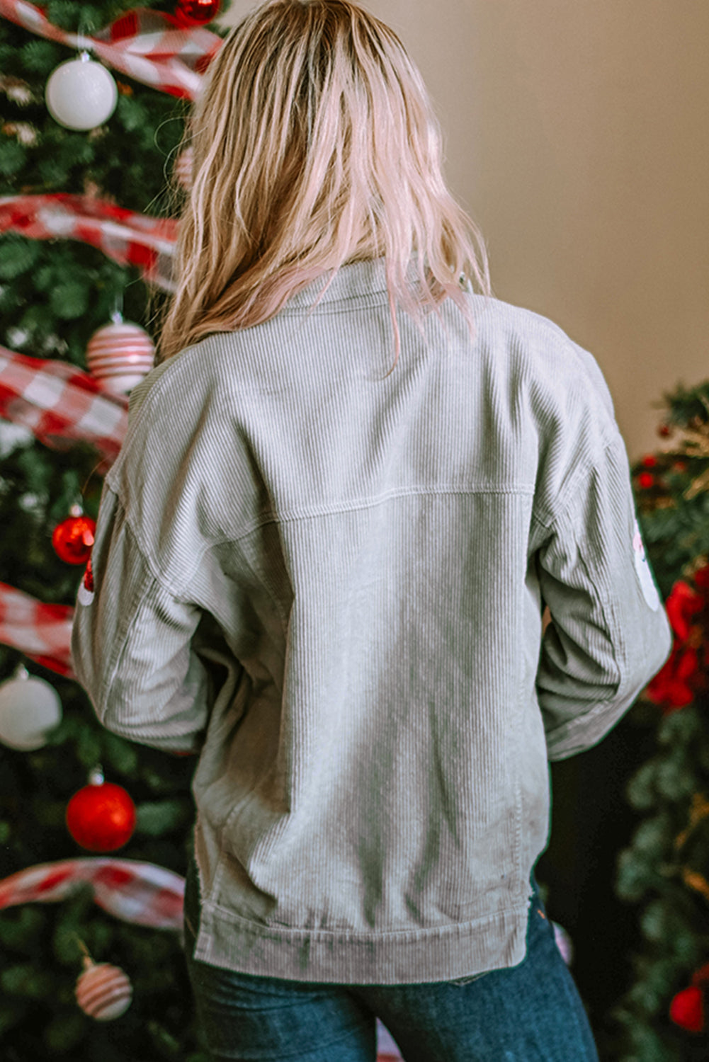 Sky Blue Sequined Santa Claus Flap Pocket Corduroy Jacket Jackets JT's Designer Fashion