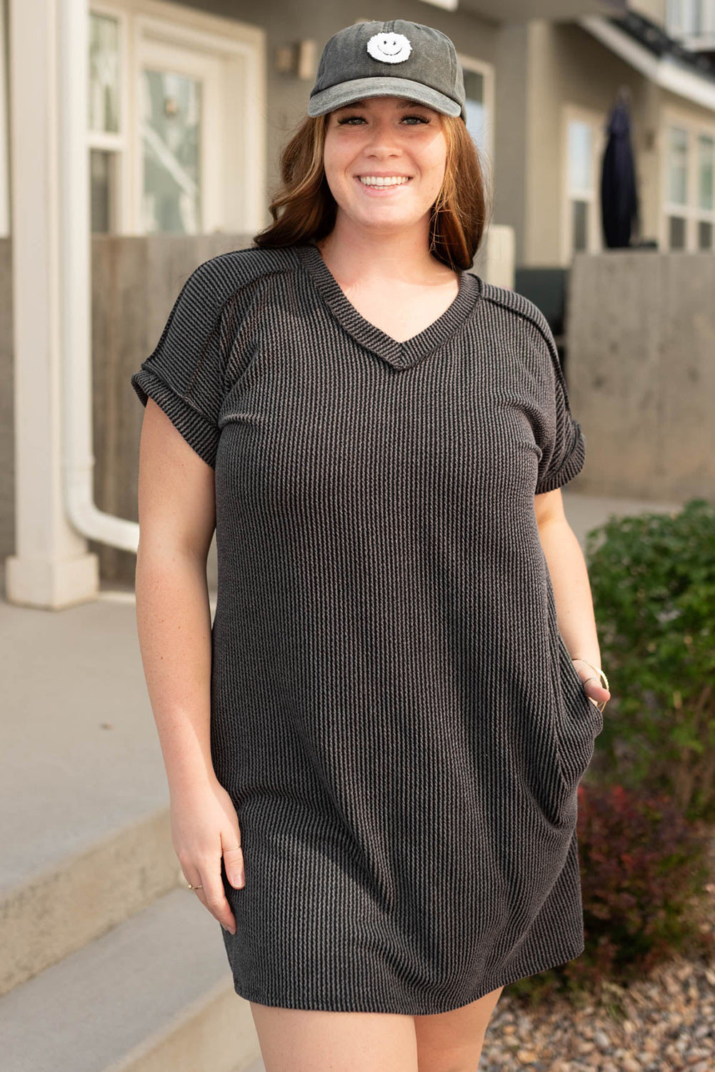 Carbon Grey Corded V Neck Plus Size T Shirt Dress with Pockets Plus Size Mini Dresses JT's Designer Fashion