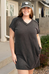 Carbon Grey Corded V Neck Plus Size T Shirt Dress with Pockets Plus Size Mini Dresses JT's Designer Fashion