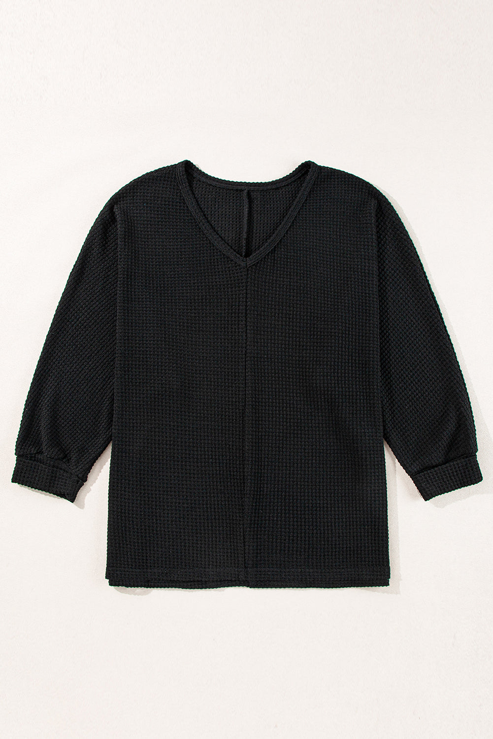 Black Waffle Knit Side Slits Loose Fit V Neck Top Long Sleeve Tops JT's Designer Fashion