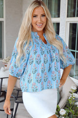 Sky Blue Floral Striped Print Shirred Yoke Split Neck Blouse Blouses & Shirts JT's Designer Fashion