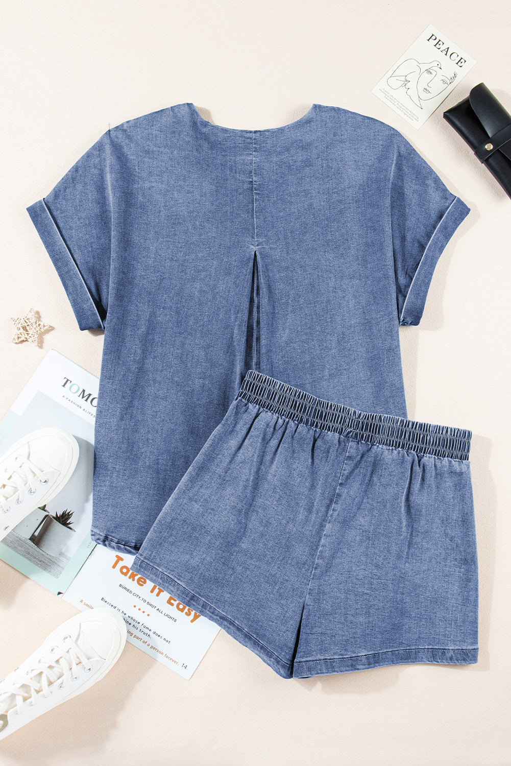 Light Blue Denim Cuffed Sleeve Tee Elastic Shorts Set Short Sets JT's Designer Fashion