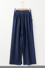 Sail Blue Side Pockets Frilled Smocked High Waist Wide Leg Jeans Jeans JT's Designer Fashion