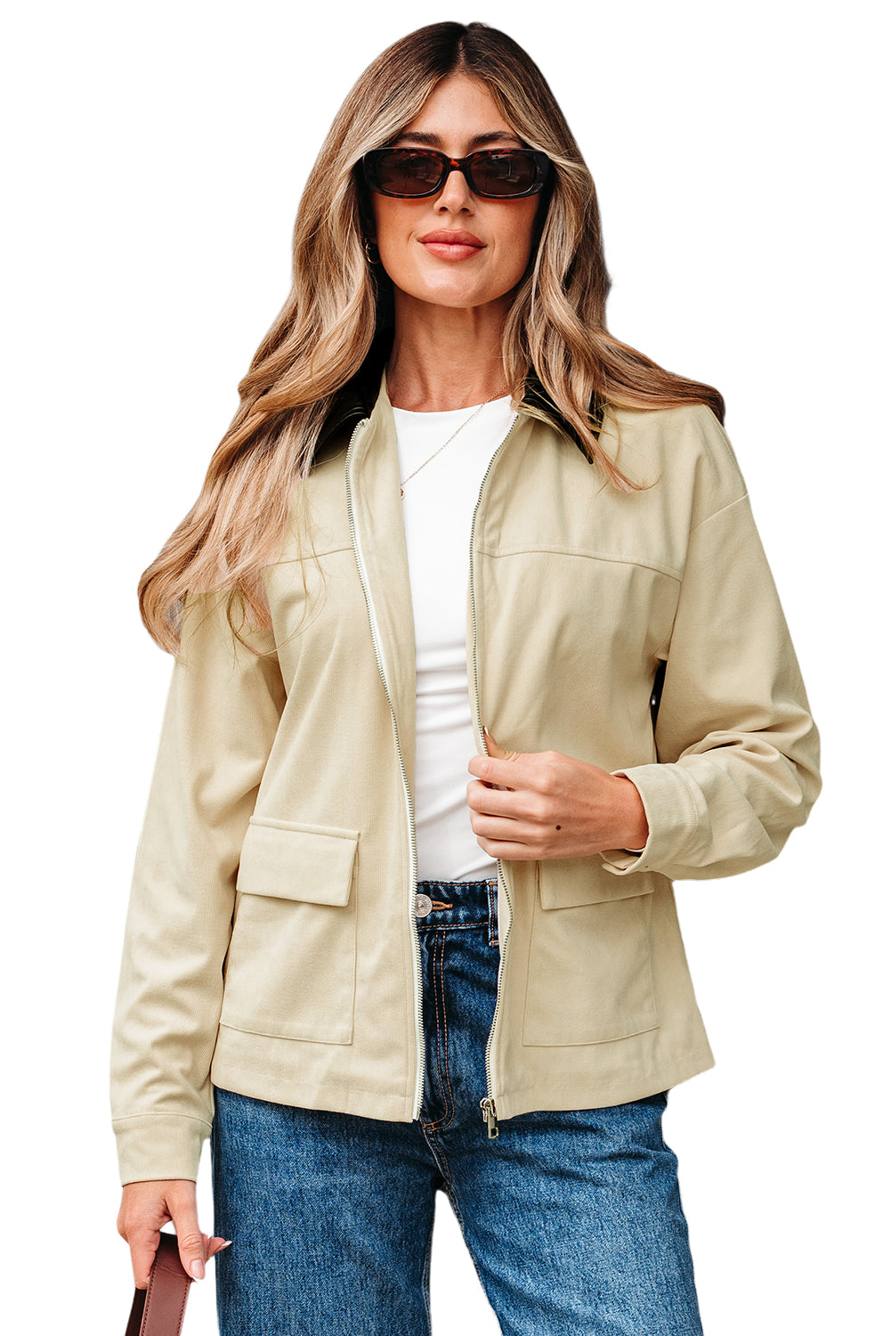 Parchment Contrast Leather Collar Textured Zip Up Jacket Jackets JT's Designer Fashion