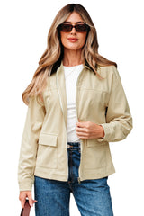Parchment Contrast Leather Collar Textured Zip Up Jacket Jackets JT's Designer Fashion