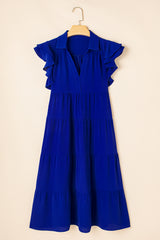 Bluing Ruffled Short Sleeve Collared V Neck Tiered Midi Dress Midi Dresses JT's Designer Fashion