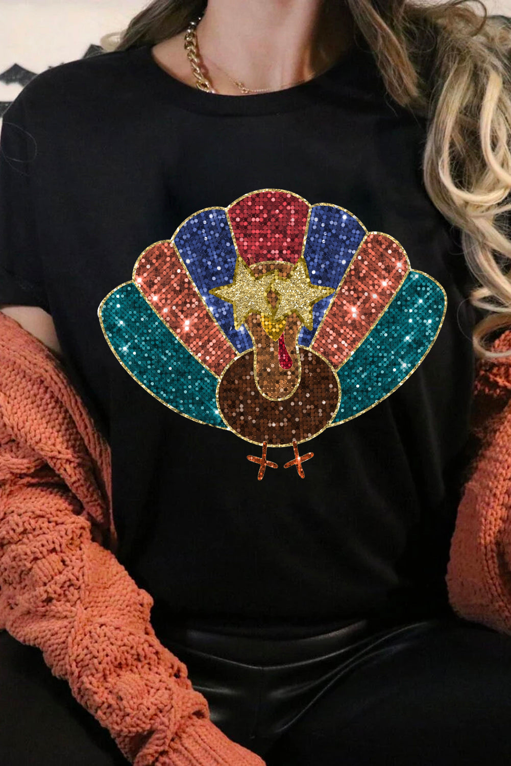 Black Glitter Turkey Graphic Thanksgiving T Shirt Graphic Tees JT's Designer Fashion
