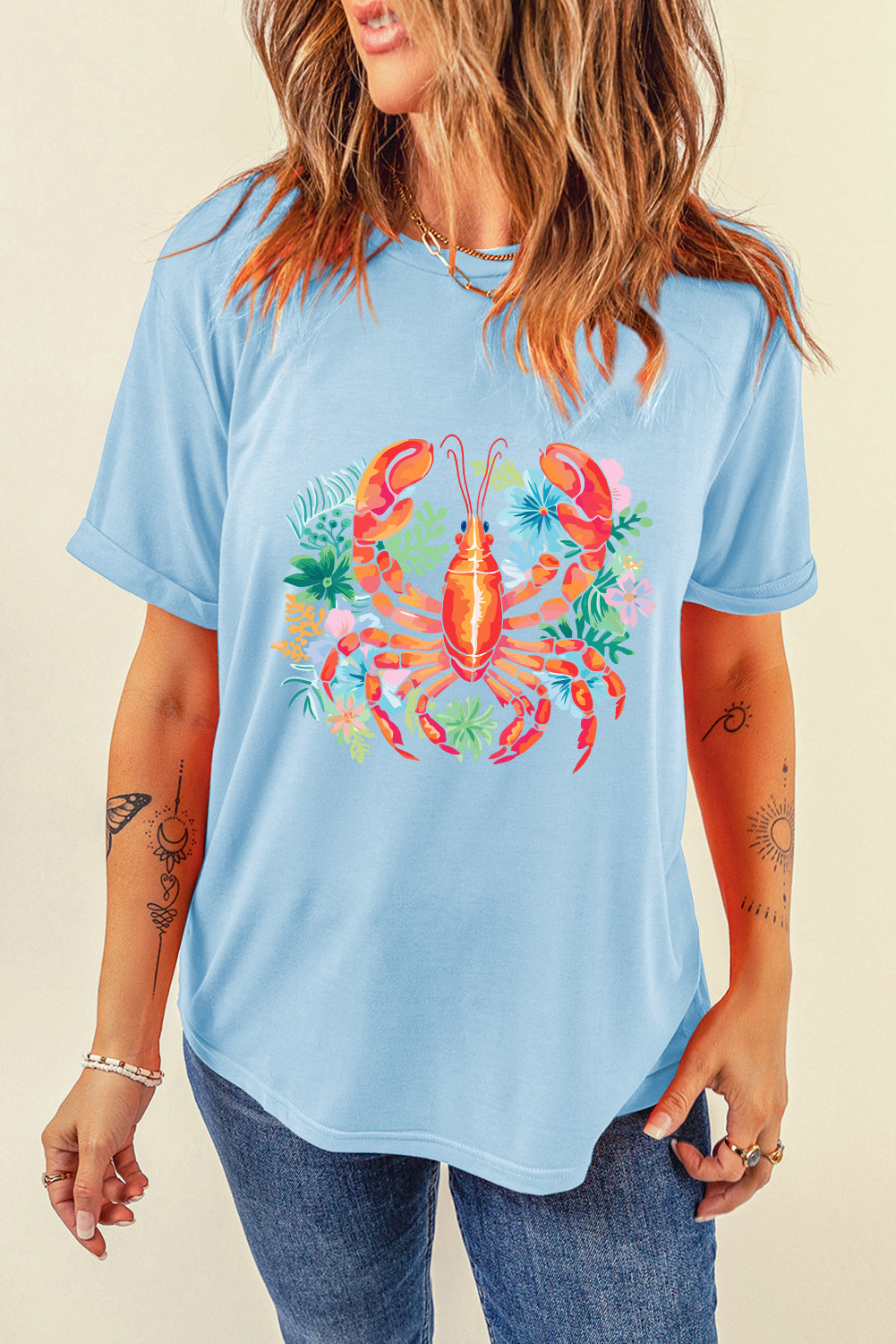 Light Blue Floral Summer Lobster Graphic Tee Graphic Tees JT's Designer Fashion
