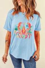Light Blue Floral Summer Lobster Graphic Tee Graphic Tees JT's Designer Fashion