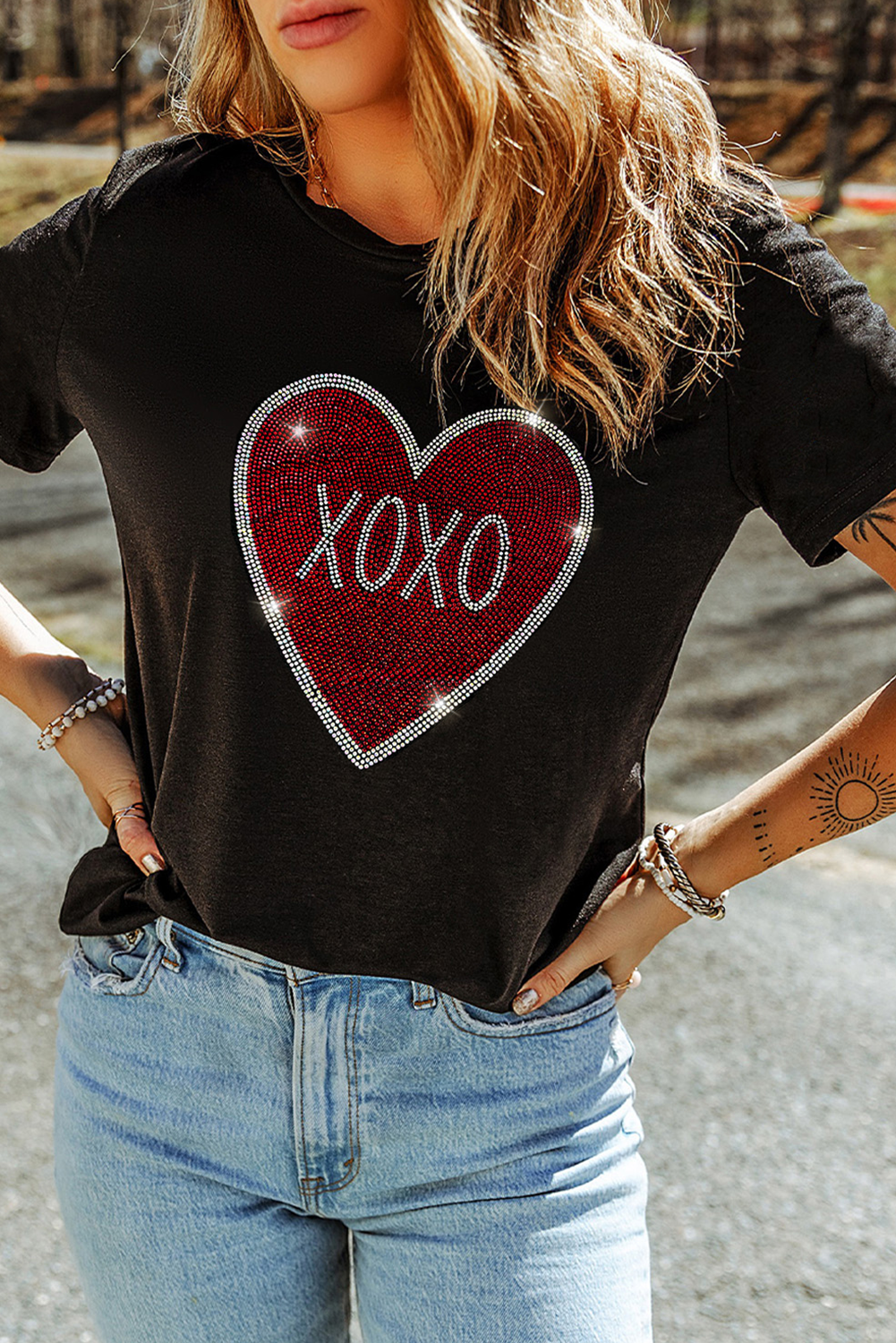 Black Rhinestone XOXO Heart Graphic Crewneck Tee Graphic Tees JT's Designer Fashion