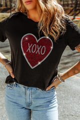 Black Rhinestone XOXO Heart Graphic Crewneck Tee Graphic Tees JT's Designer Fashion
