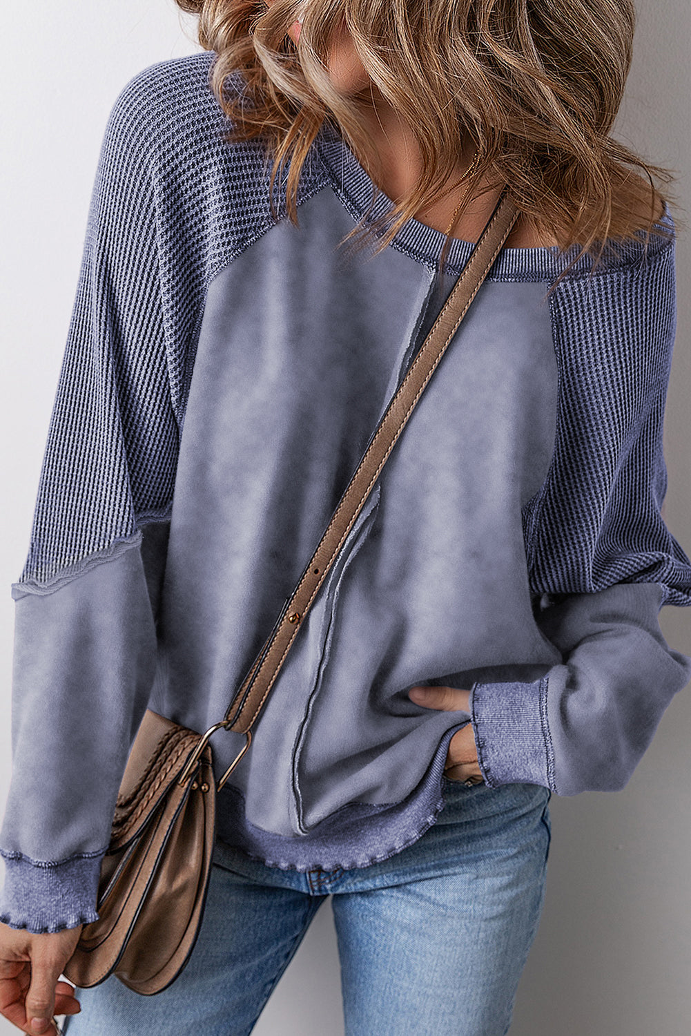 Sail Blue Solid Waffle Knit Patchwork Raglan Sleeve Sweatshirt Sweatshirts & Hoodies JT's Designer Fashion