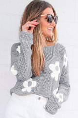 Light Grey Big Flower Hollowed Knit Drop Shoulder Sweater Sweaters JT's Designer Fashion