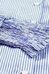 Blue Stripe Smocked Cuffed Striped Boyfriend Shirt with Pocket Blouses & Shirts JT's Designer Fashion