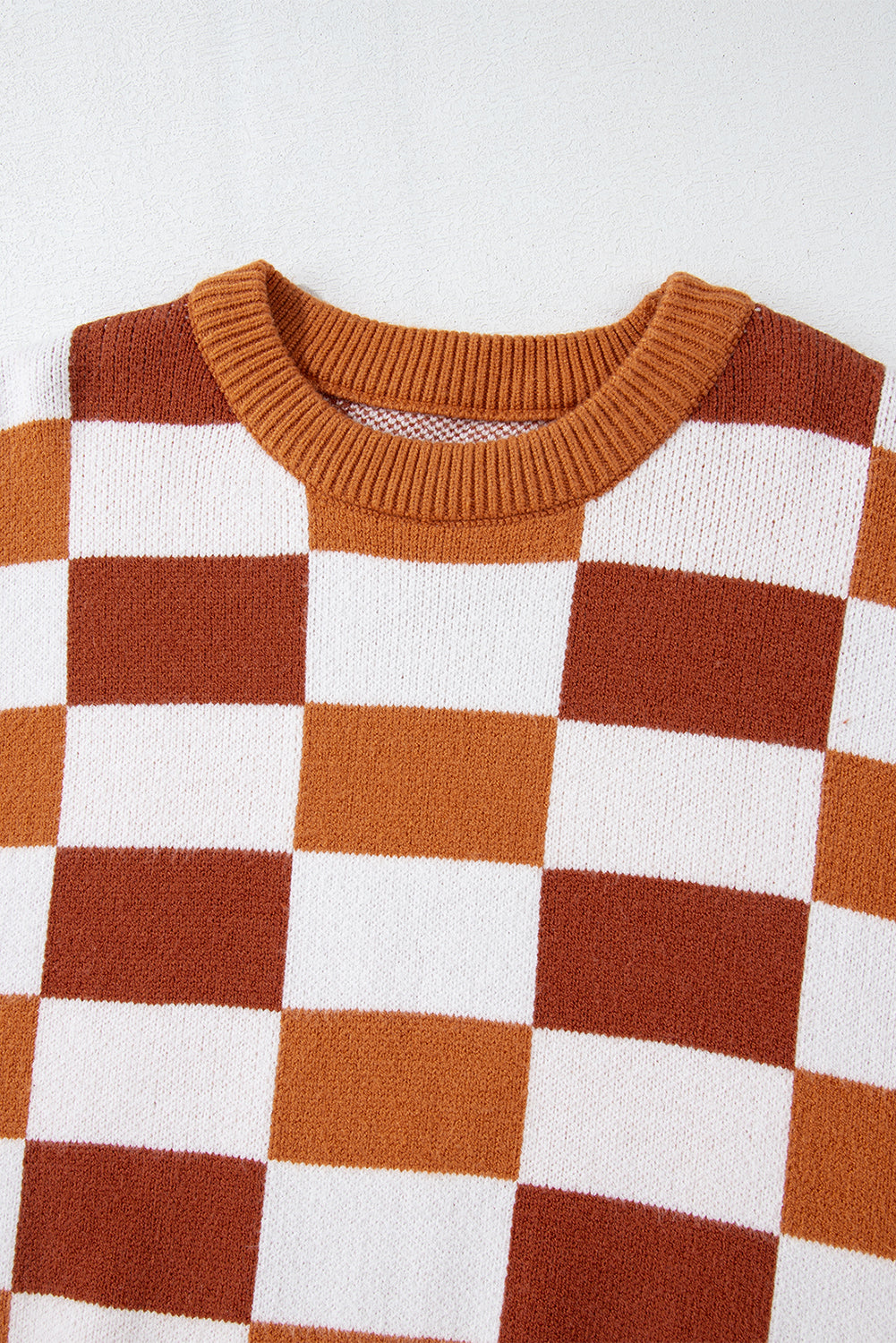Orange Checkered Ribbed Edge O Neck Drop Shoulder Sweater Sweaters JT's Designer Fashion