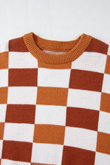 Orange Checkered Ribbed Edge O Neck Drop Shoulder Sweater Sweaters JT's Designer Fashion