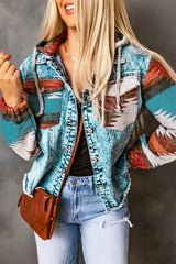 Multicolor Aztec Print Frayed Hem Denim Jacket Denim Jackets JT's Designer Fashion