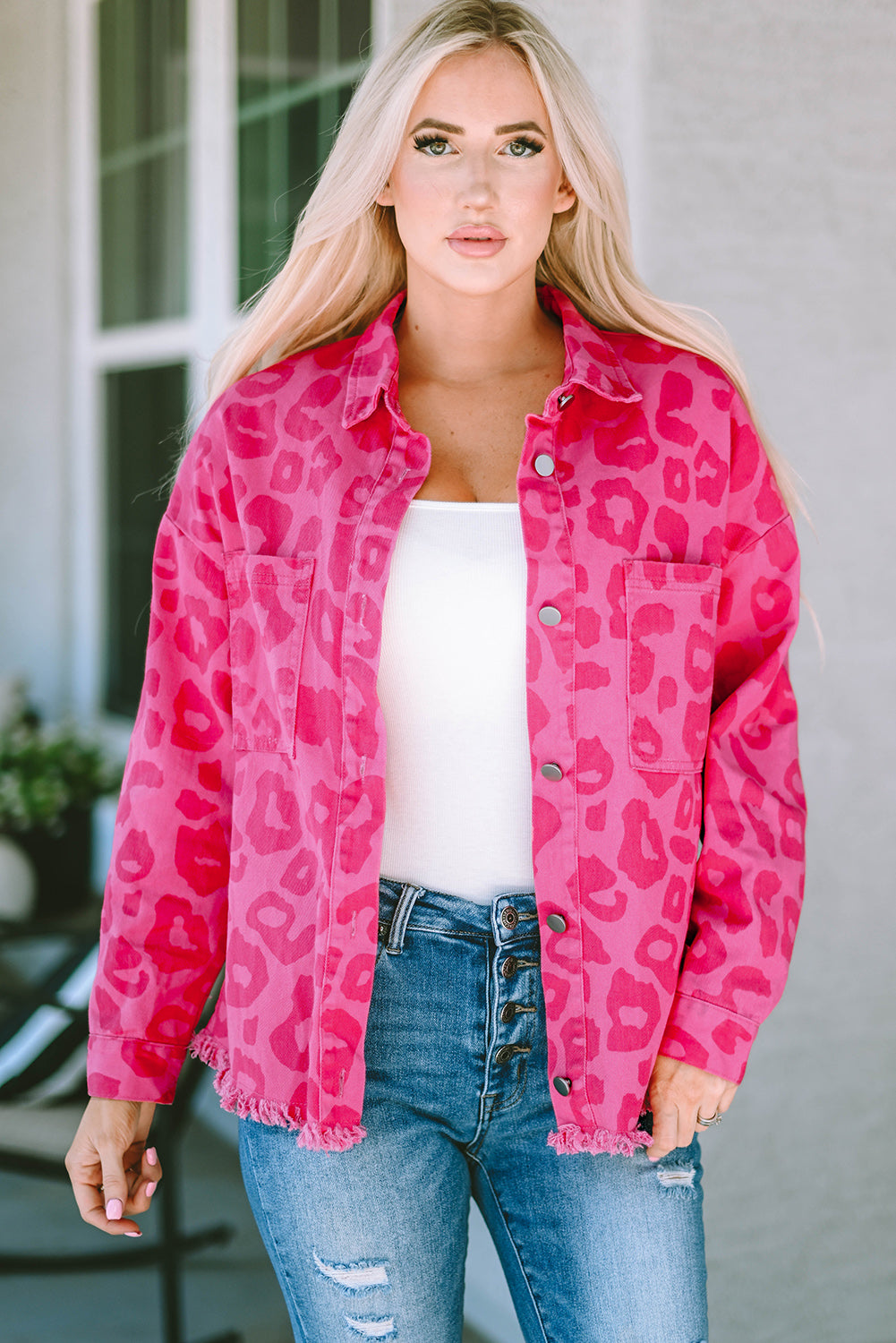 Pink Leopard Print Button Cuffs Raw Hem Jacket Denim Jackets JT's Designer Fashion