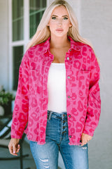 Pink Leopard Print Button Cuffs Raw Hem Jacket Denim Jackets JT's Designer Fashion