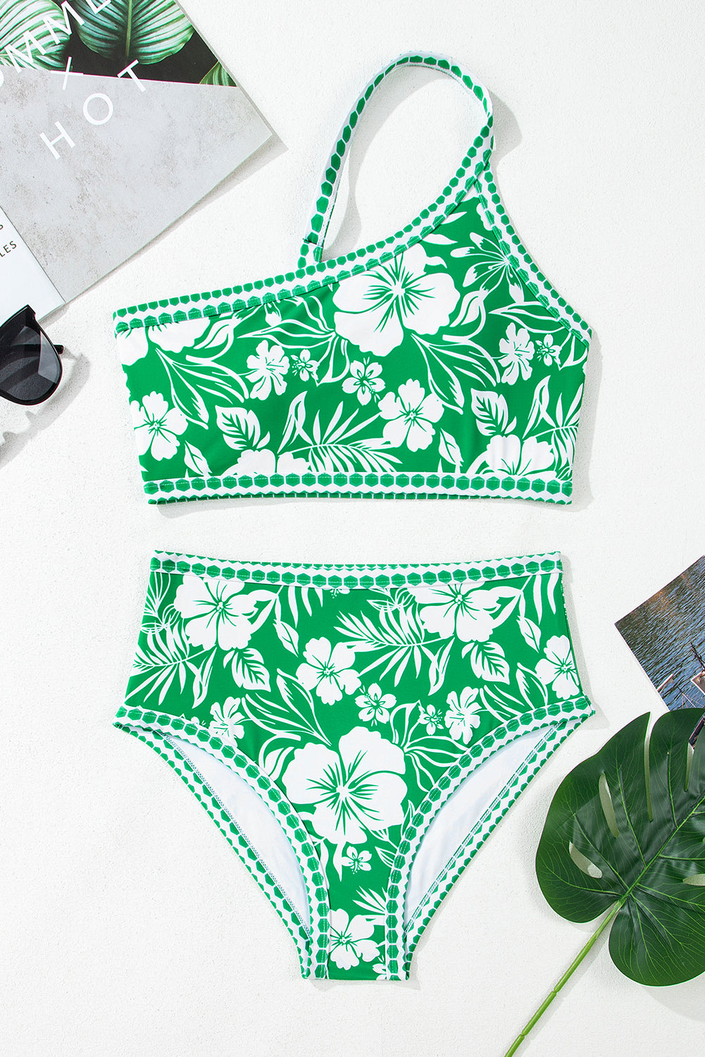 Green Floral Print One Shoulder High Waist Bikini Set Bikinis JT's Designer Fashion