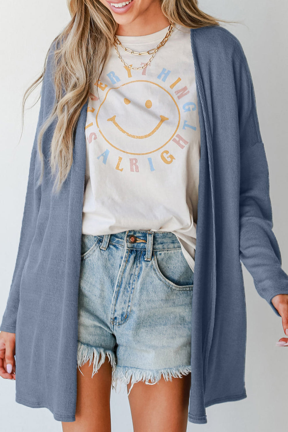 Ashleigh Blue Solid Color Rib Knit Open Front Tunic Cardigan Ashleigh Blue 93%Viscose+7%Elastane Cardigans JT's Designer Fashion