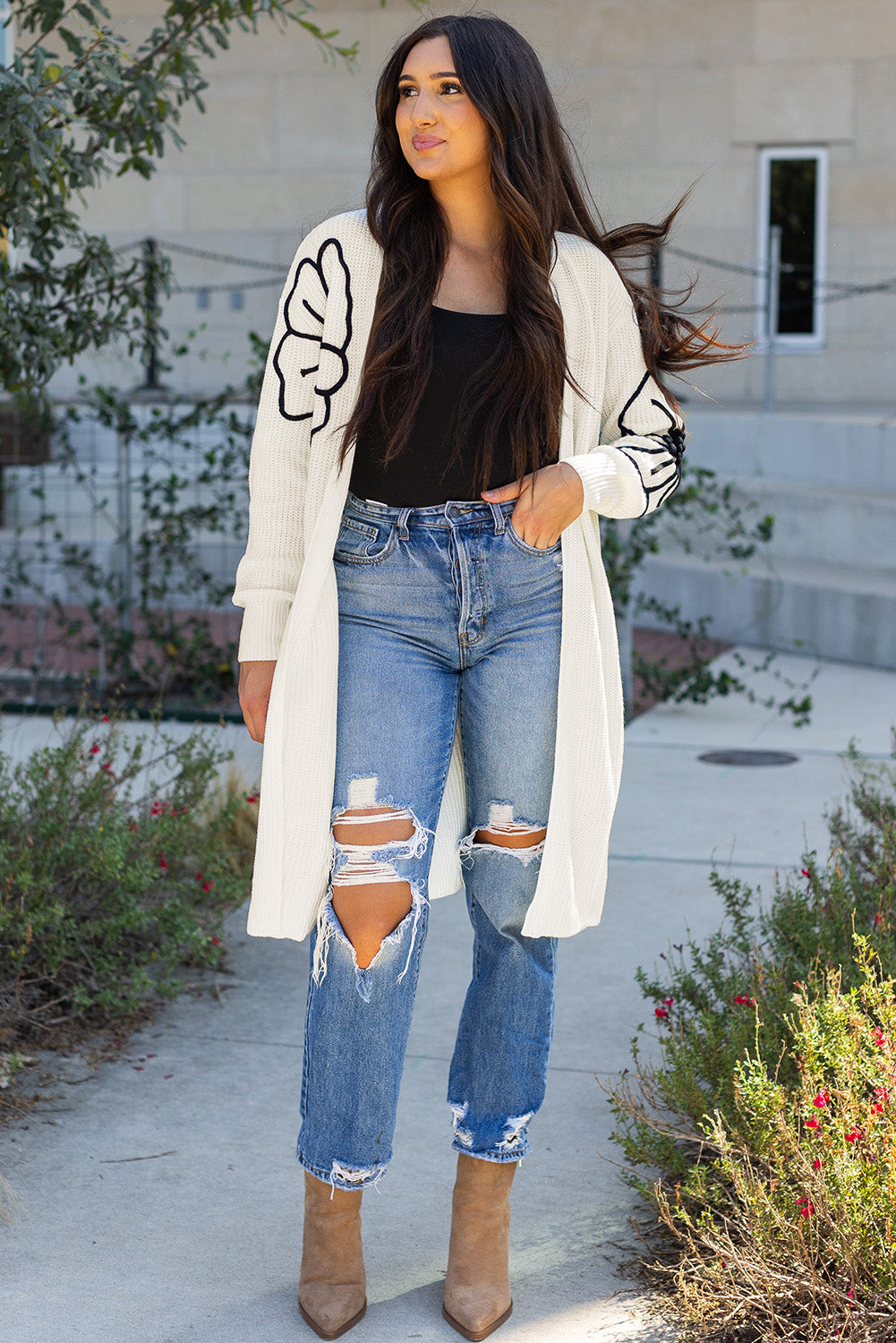 Beige Flower Embroidered Drop Shoulder Open Front Duster Cardigan Beige 100%Acrylic Cardigans JT's Designer Fashion