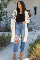Beige Flower Embroidered Drop Shoulder Open Front Duster Cardigan Beige 100%Acrylic Cardigans JT's Designer Fashion