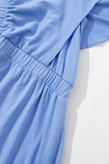 Sky Blue Textured V Neck Flutter Sleeve Ruffled Long Dress Maxi Dresses JT's Designer Fashion