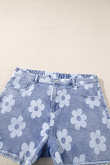 Ashleigh Blue Floral Pattern High Waist Raw Hem Plus Size Denim Shorts Plus Size Bottoms JT's Designer Fashion
