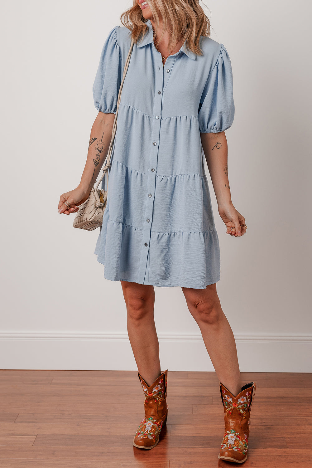 Beau Blue Shirt Collar Button Up Short Puff Sleeve Tiered Shift Dress Mini Dresses JT's Designer Fashion