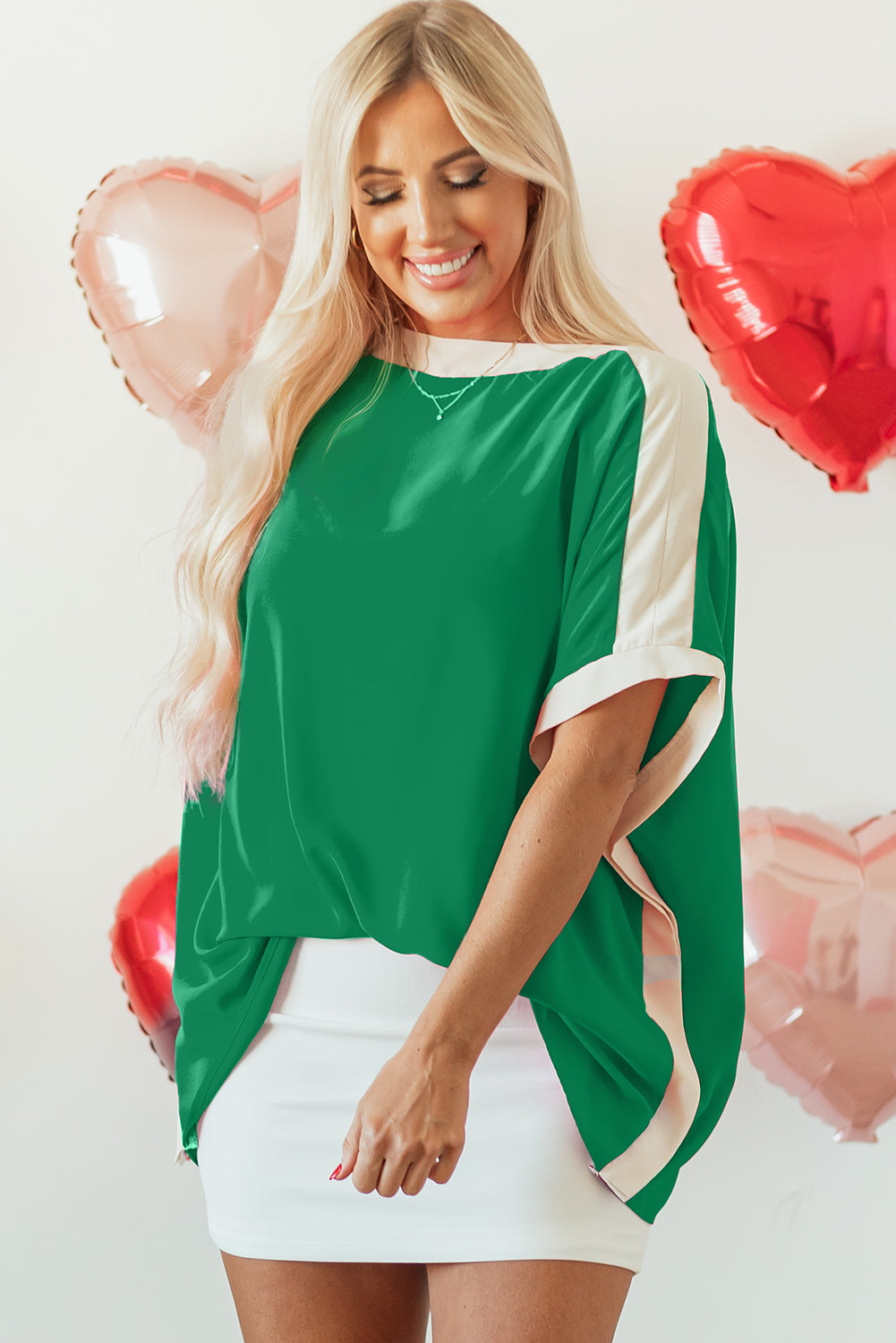 Green Oversized Color Block Boat Neck Tunic Blouse Blouses & Shirts JT's Designer Fashion