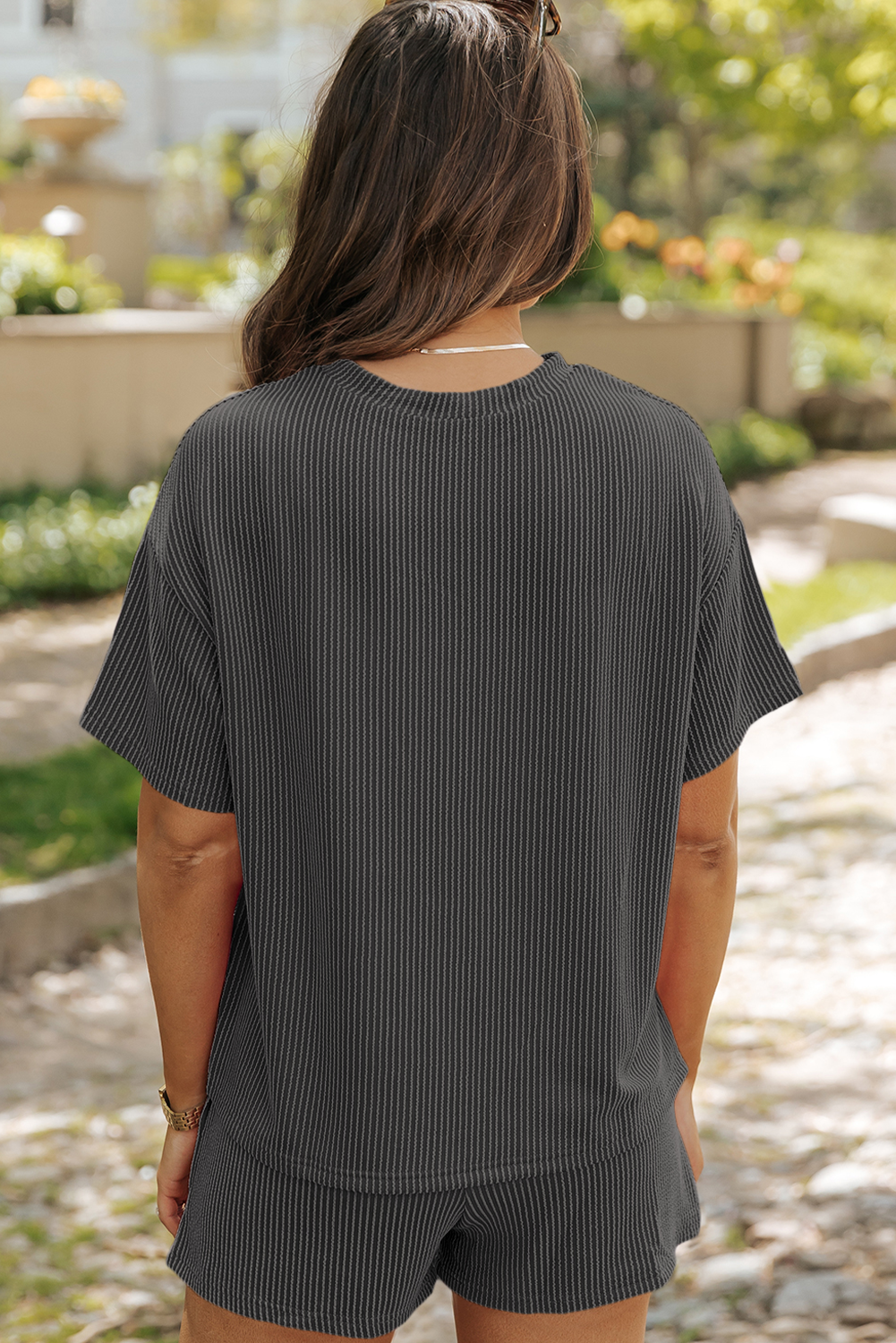 Carbon Grey Sequin Heifer Patched 2pcs Twisted Ribbed Casual Short Set Graphic Sets JT's Designer Fashion
