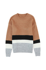 Brown Color Block Striped Ribbed Knit Sweater Sweaters JT's Designer Fashion