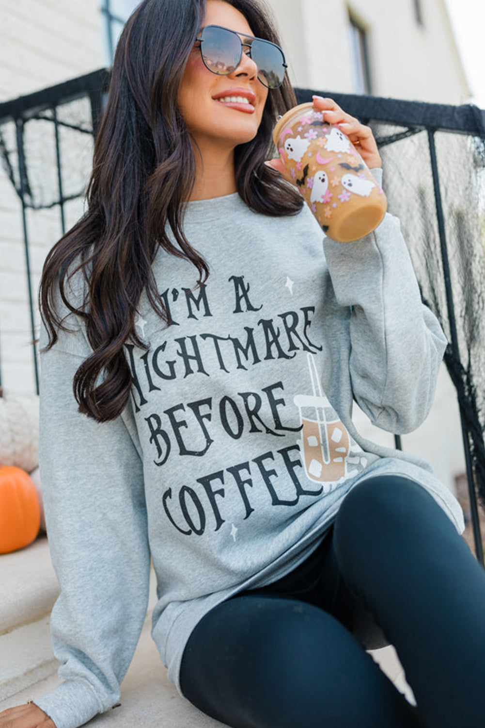 Gray I'M A NIGHTMARE BEFORE COFFEE Graphic Crewneck Sweatshirt Graphic Sweatshirts JT's Designer Fashion