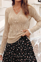 Smoke Gray Pearl Beaded Pointelle Knit V Neck Lace Patchwork Sleeve Sweater Sweaters JT's Designer Fashion