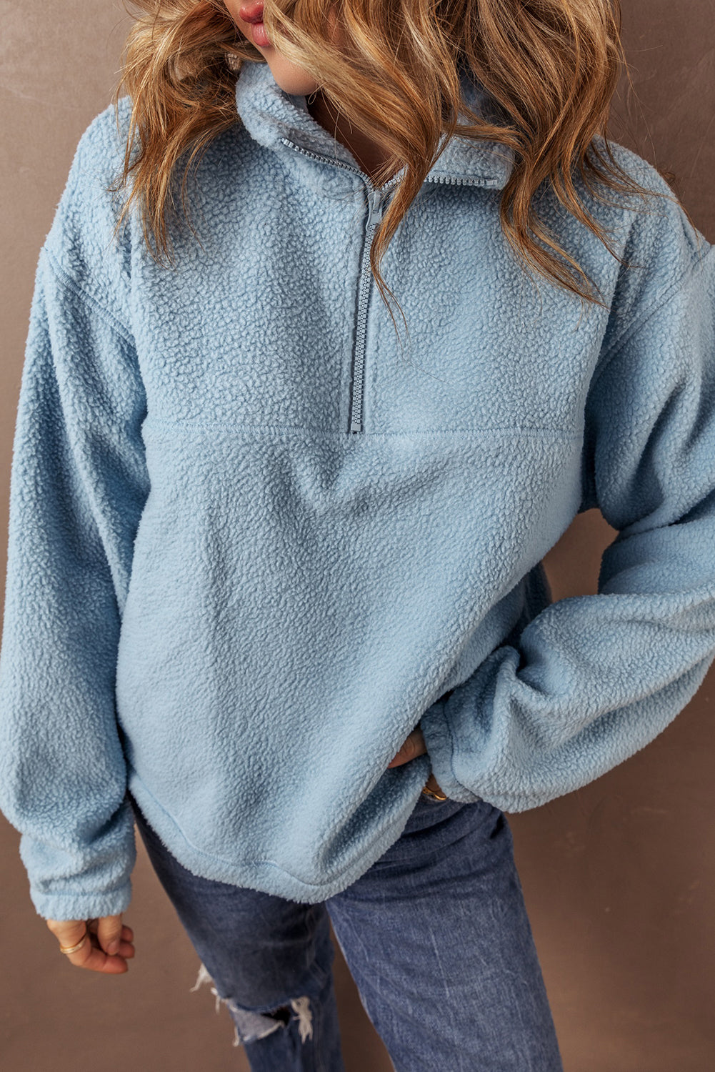 Myosotis Collared Zipper Drop Shoulder Fleece Sweatshirt Sweatshirts & Hoodies JT's Designer Fashion