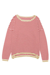 Fiery Red Contrast Trimmed Striped Drop Shoulder Sweater Sweaters JT's Designer Fashion