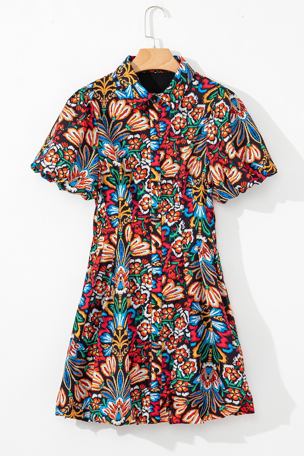 Multicolour Floral Puff Short Sleeve Shirt Mini Dress Mini Dresses JT's Designer Fashion