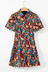 Multicolour Floral Puff Short Sleeve Shirt Mini Dress Mini Dresses JT's Designer Fashion