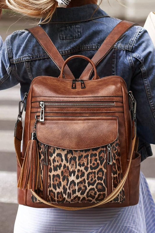 Coffee Leopard Patchwork PU Leather Functional Backpack Backpacks JT's Designer Fashion