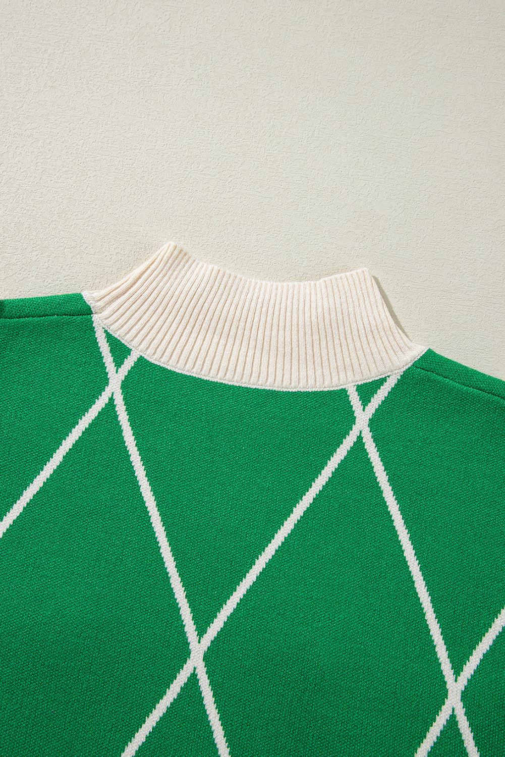 Dark Green Diamond Pattern Pom Accents Contrast Trim High Neck Sweater Sweaters JT's Designer Fashion